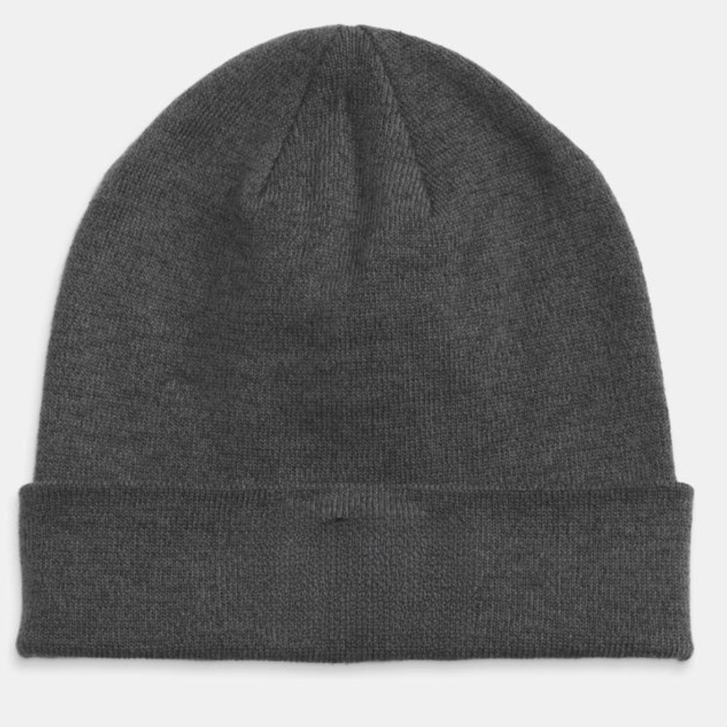 A dark gray knitted beanie hat with a folded cuff.