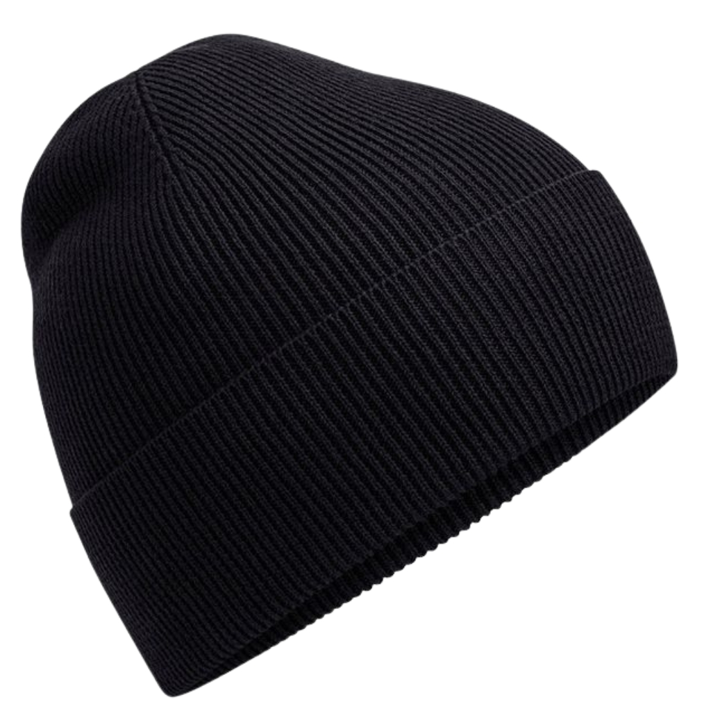 A solid black knit beanie hat with a folded cuff, shown in a simple angled view.