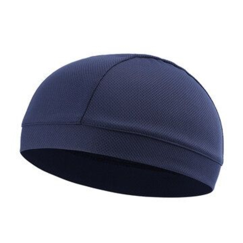 A blue fleece beanie with a darker navy inner rim, shown from a side angle to highlight its smooth, seamless knit.