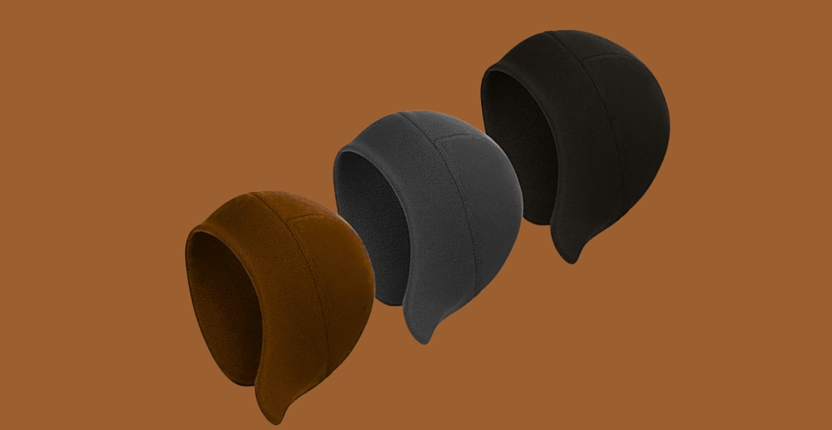 Four fleece-lined beanies in brown, gray, navy, and black arranged diagonally against a warm brown background.