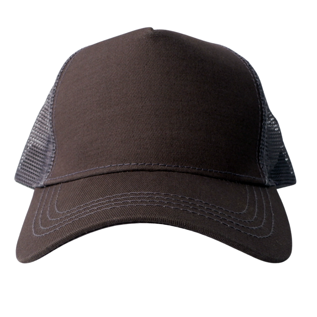 A brown baseball cap with a curved brim and gray mesh panels on the sides, shown from a front angle.