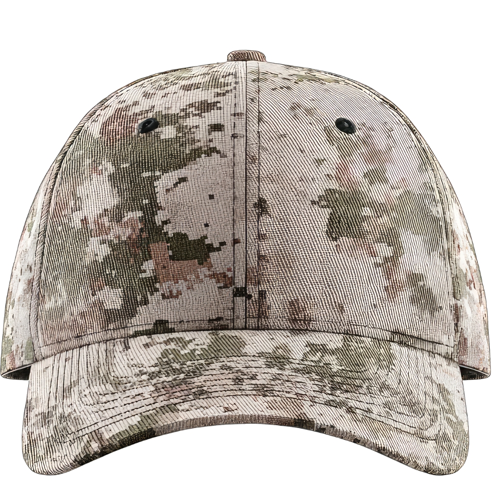 "Camouflage-pattern baseball cap in desert digi-camo tones, shown from the front."

