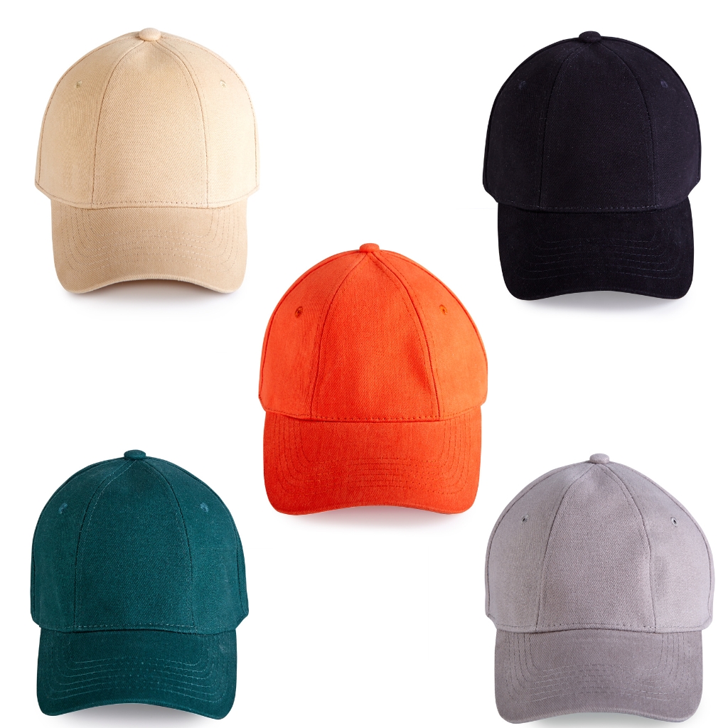 A collage of five plain baseball caps in different colors (beige, black, orange, teal, and light gray) arranged on a white background.