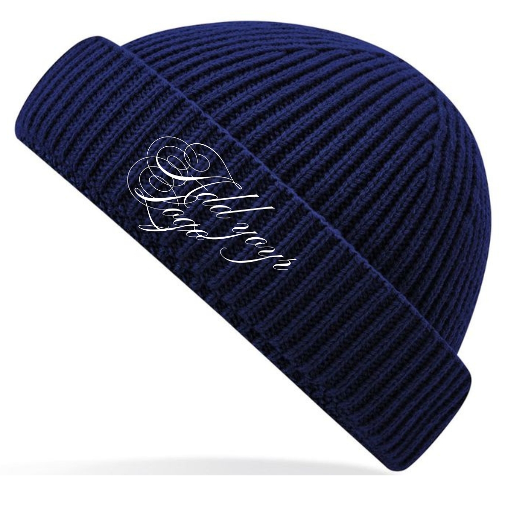 A navy blue ribbed beanie hat with a white swirl script logo on the folded cuff, labeled Logo Beanie.