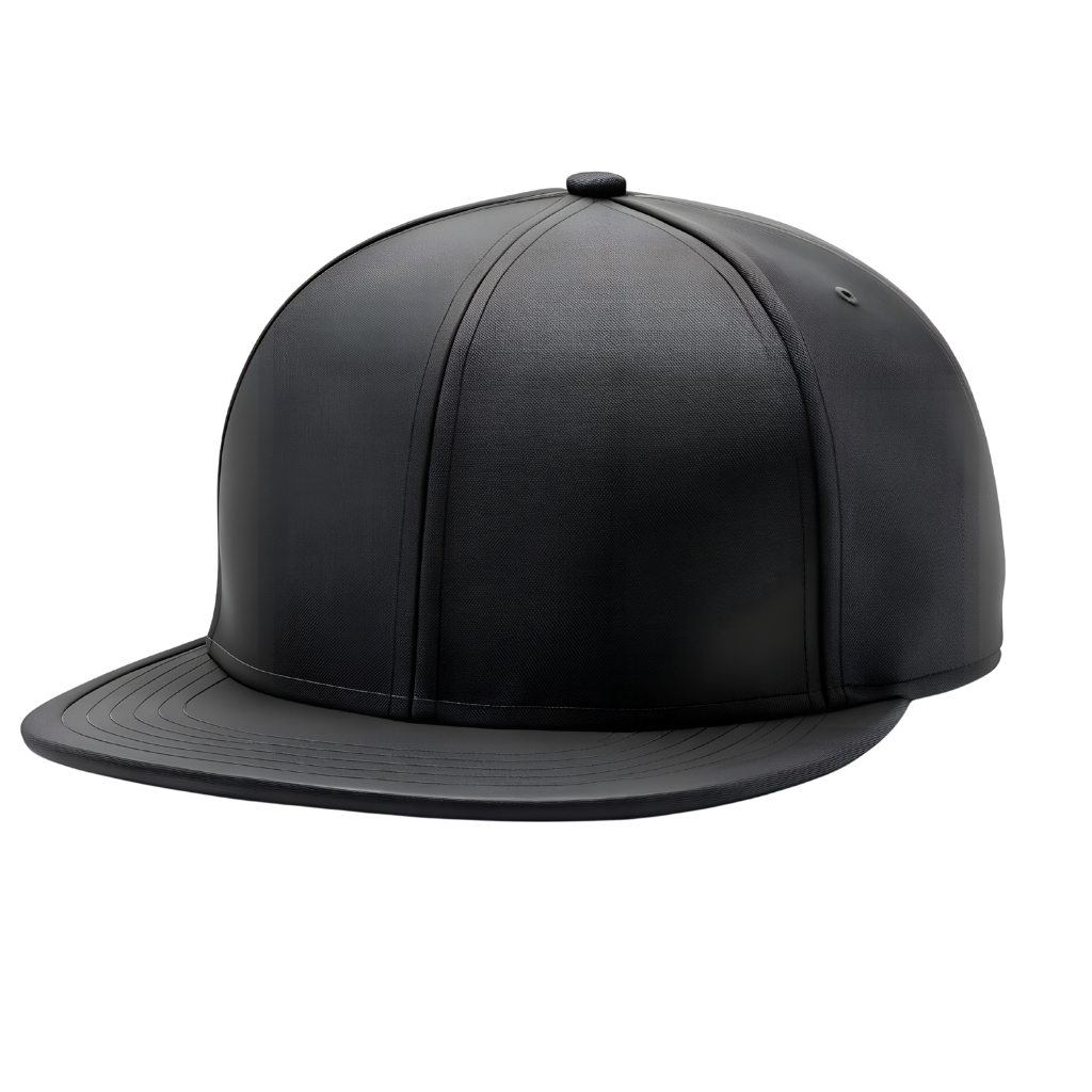 Una gorra negra lisa estilo snapback con visera plana, costuras limpias a lo largo de los paneles y un pequeño botón en la parte superior.