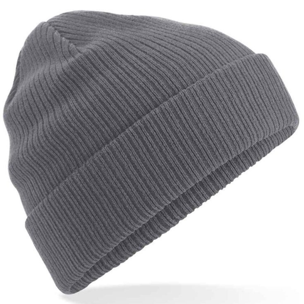 Gray ribbed knit beanie with a folded cuff, shown from an angled side view.