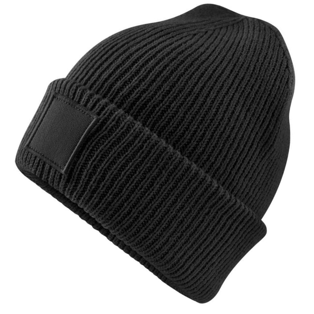  A black ribbed knit beanie with a folded cuff and a small rectangular patch on the front.
