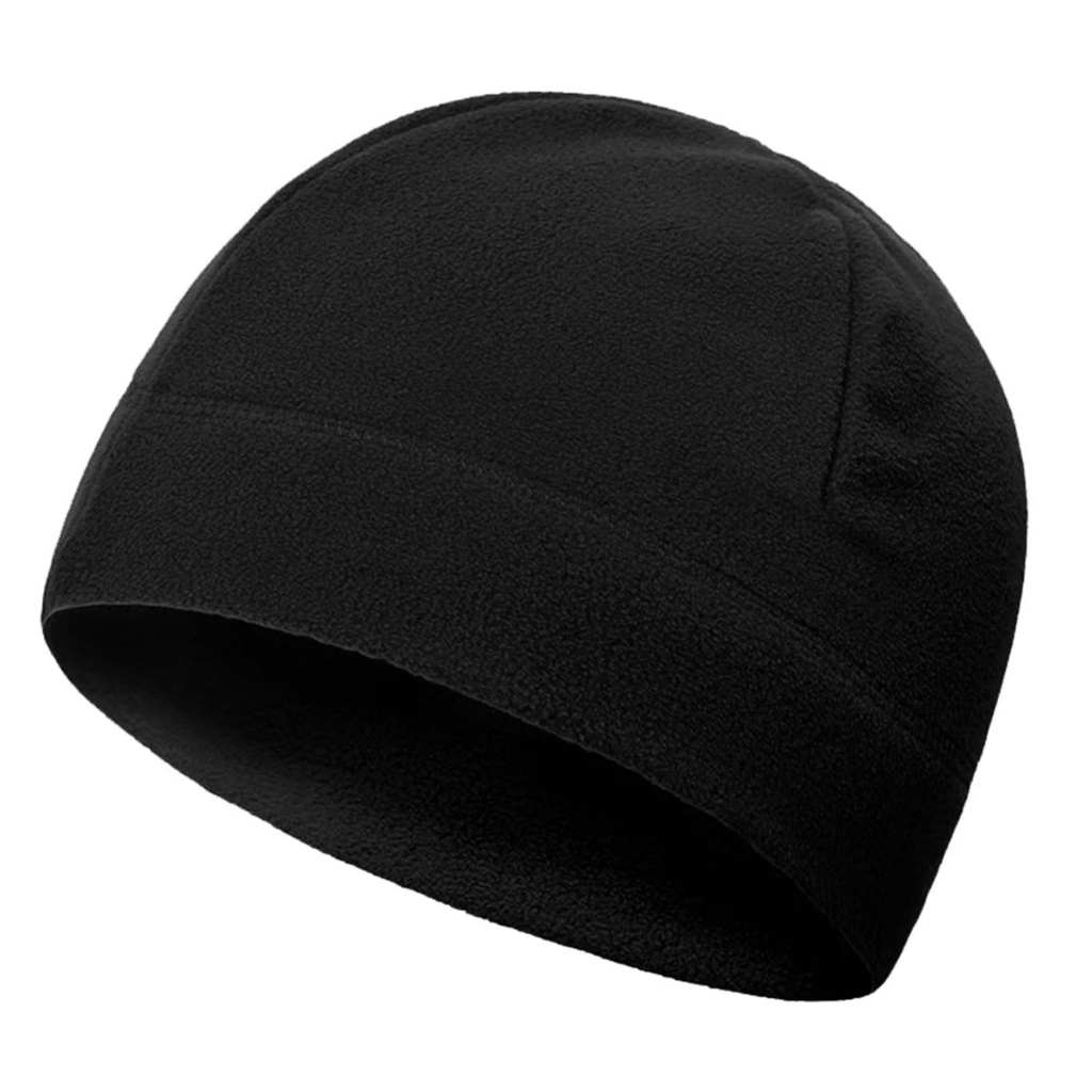A plain black fleece beanie with a soft, smooth texture and a rounded crown.