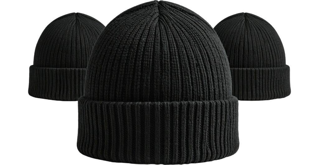Three black ribbed knit beanies with wide folded cuffs, arranged in a row