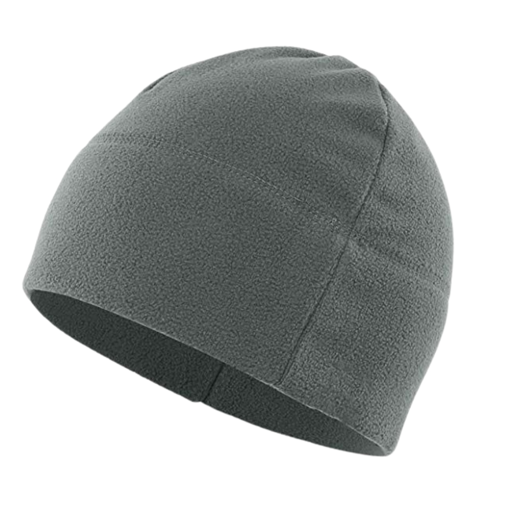 A plain gray fleece skullcap beanie with a black trim, displayed at an angle.