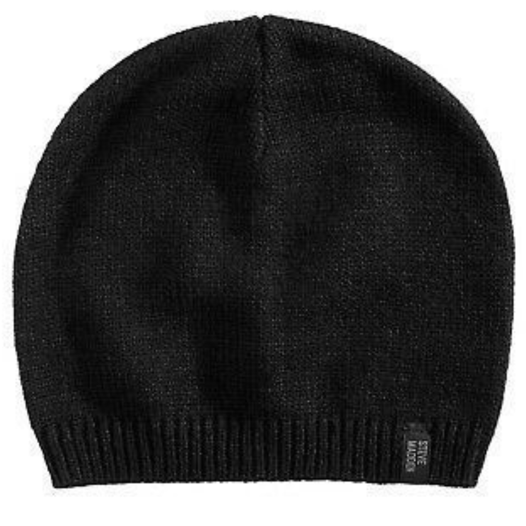 A black knit beanie hat with a ribbed brim and a small brand tag on the lower edge.