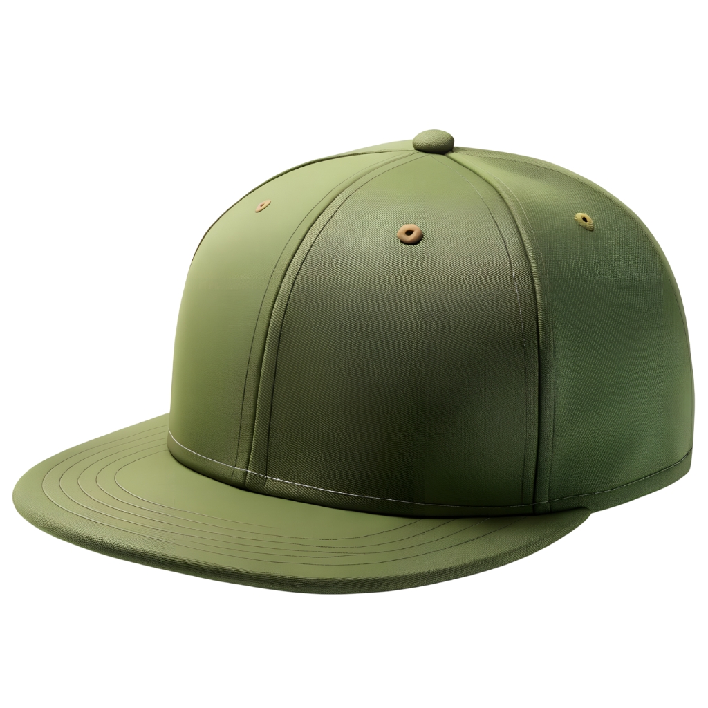 A green fitted cap with a curved brim, photographed from a slight side angle against a white background.