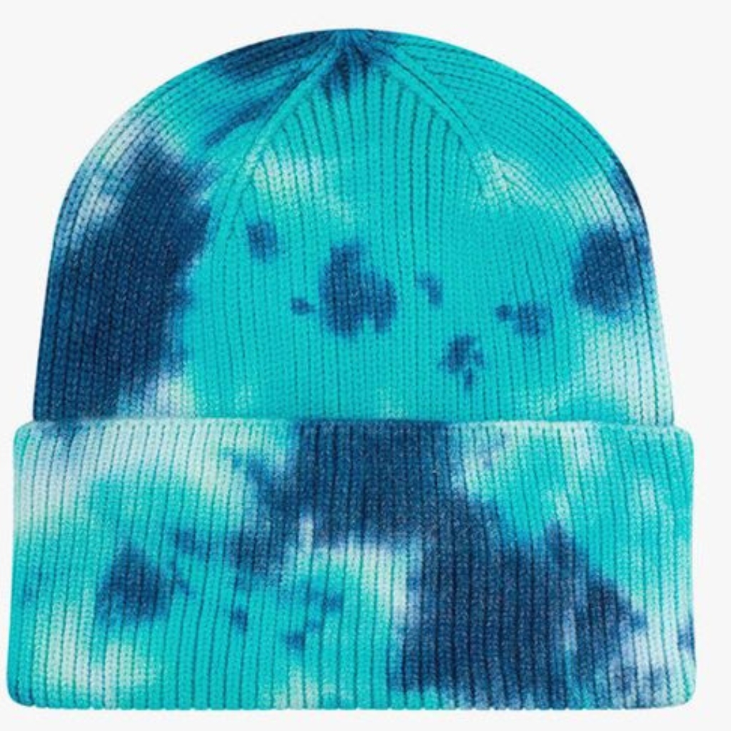 A teal and blue tie-dye knit beanie with a folded cuff.