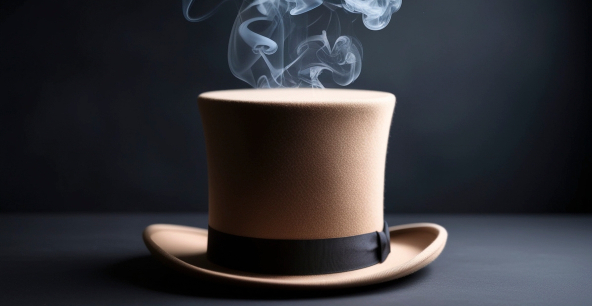 A beige top hat with a black ribbon sits on a dark surface, wisps of steam rising above it against a dark, moody background.