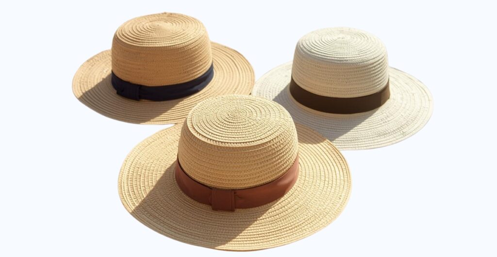 Drei breitkrempige Stroh Hüte mit farbigen Bändern (schwarz, braun, und hellbraun) angeordnet zusammen vor einem hellen Hintergrund