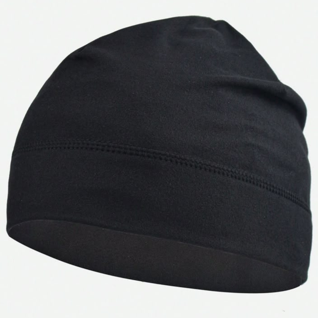 Solid black knit beanie hat with a smooth texture and subtle seam across the middle