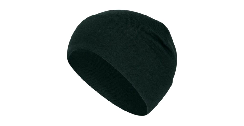 A plain dark green uncuffed beanie hat shown against a white background.