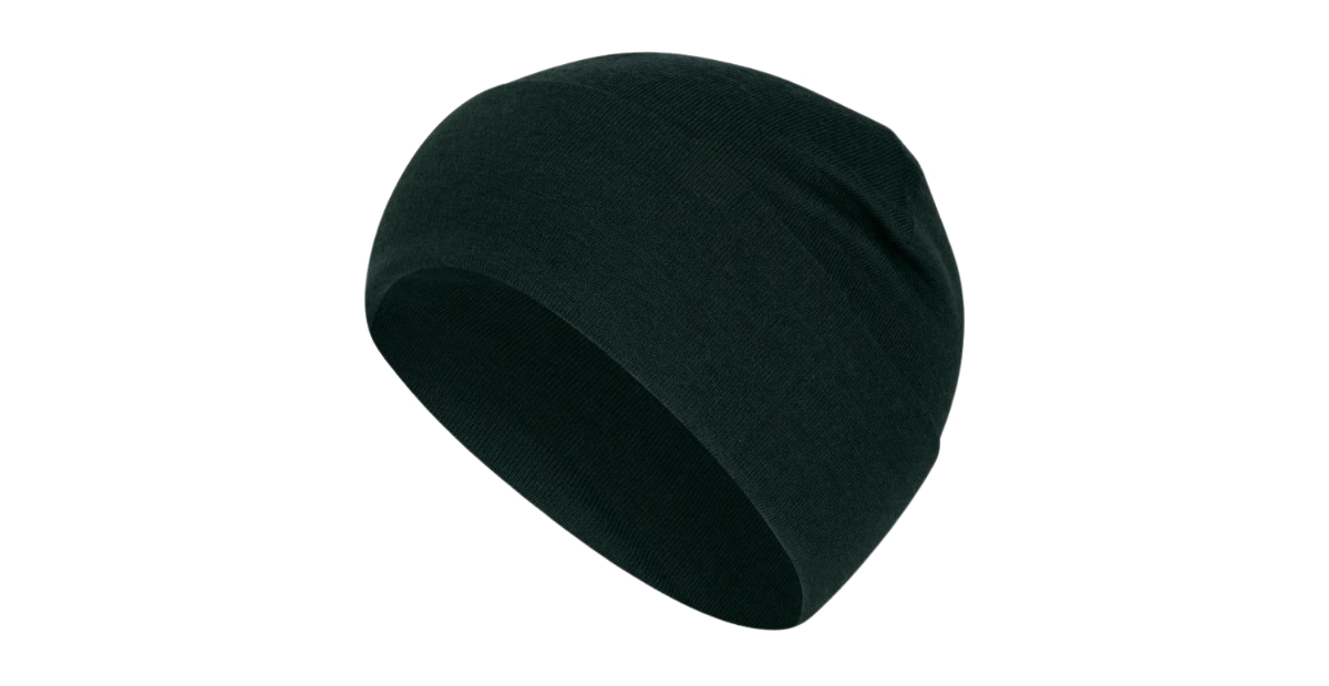 A plain dark green uncuffed beanie hat shown against a white background.