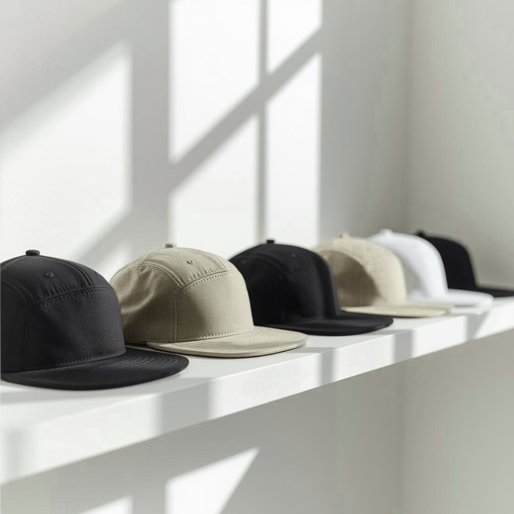 Una fila de gorras de béisbol de cinco paneles en tonos negros, beige y neutros alineadas en una estantería blanca, con una suave luz natural que proyecta sombras geométricas en la pared detrás.