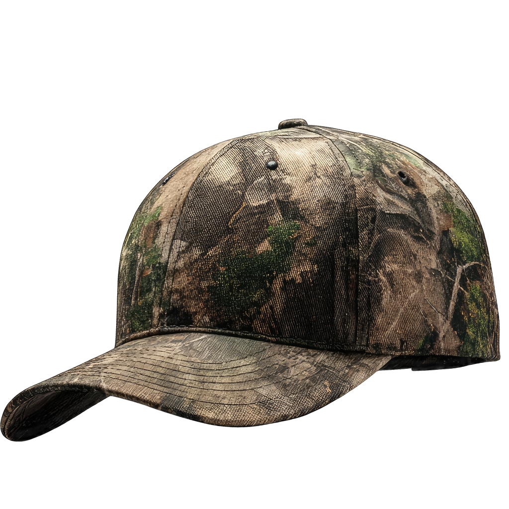 "Camouflage baseball cap with a desert woodland pattern."

