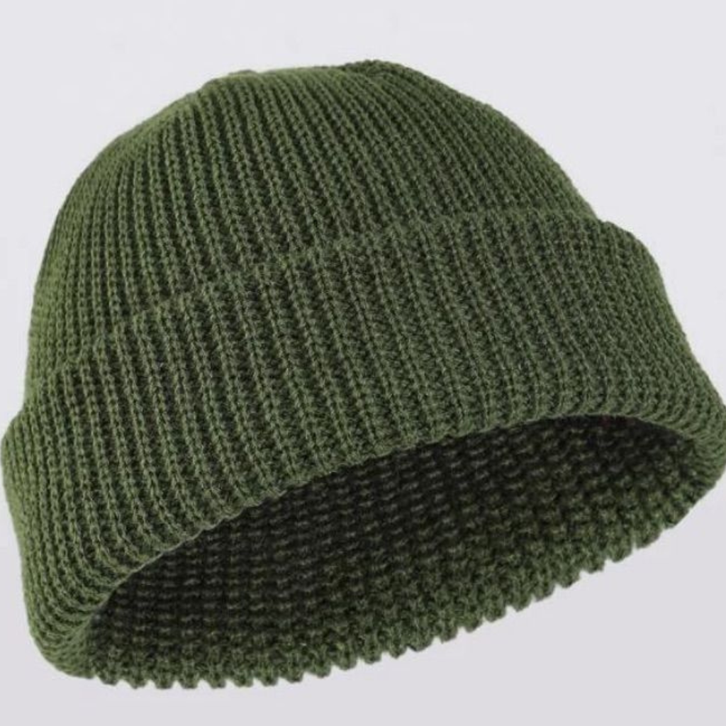 Vintage-style beanie with a classic knit texture inspired by retro cold-weather fashion.