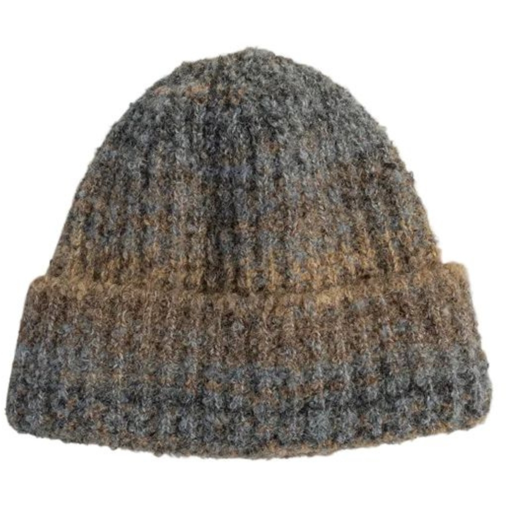  A thick, multicolored knit beanie hat with a folded brim in shades of brown, blue, and gray.