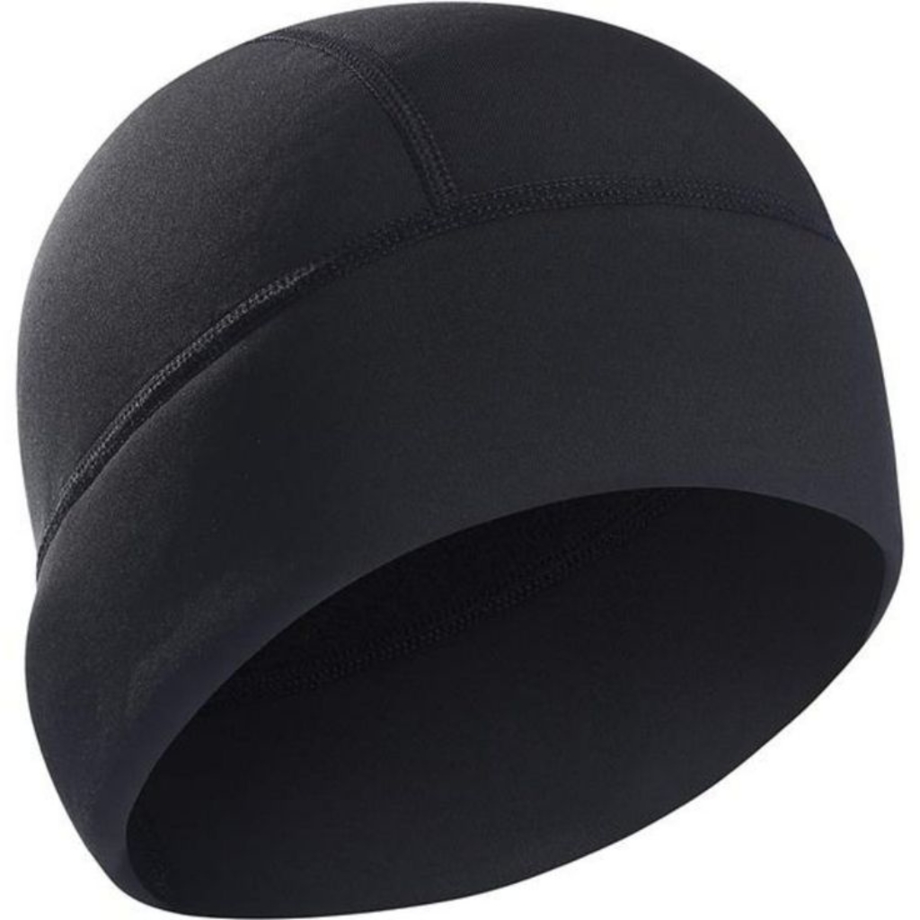 A solid-color, fleece-lined beanie with a smooth outer knit, viewed from a slight angle to show the curved shape and rolled edge.