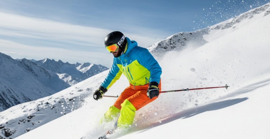 A skier wearing a bright blue and neon green jacket with bright orange pants ski down a snowy slope, kicking up powder. They have a black helmet and orange-tinted goggles, with snow-covered mountains and a blue sky in the background.