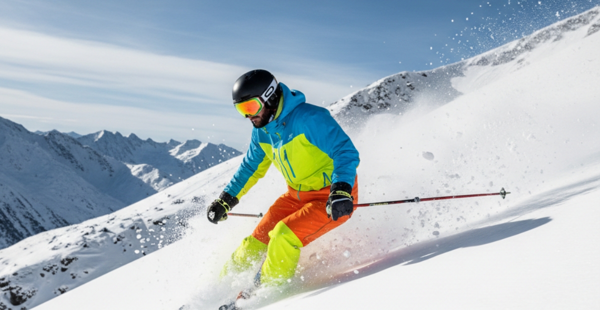 A skier wearing a bright blue and neon green jacket with bright orange pants ski down a snowy slope, kicking up powder. They have a black helmet and orange-tinted goggles, with snow-covered mountains and a blue sky in the background.