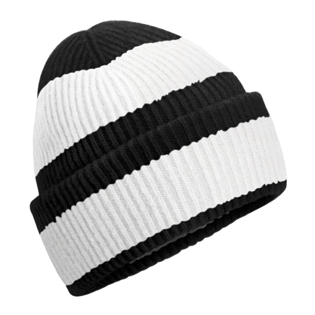 A black-and-white color-block beanie with wide horizontal stripes in alternating black and white knitting.