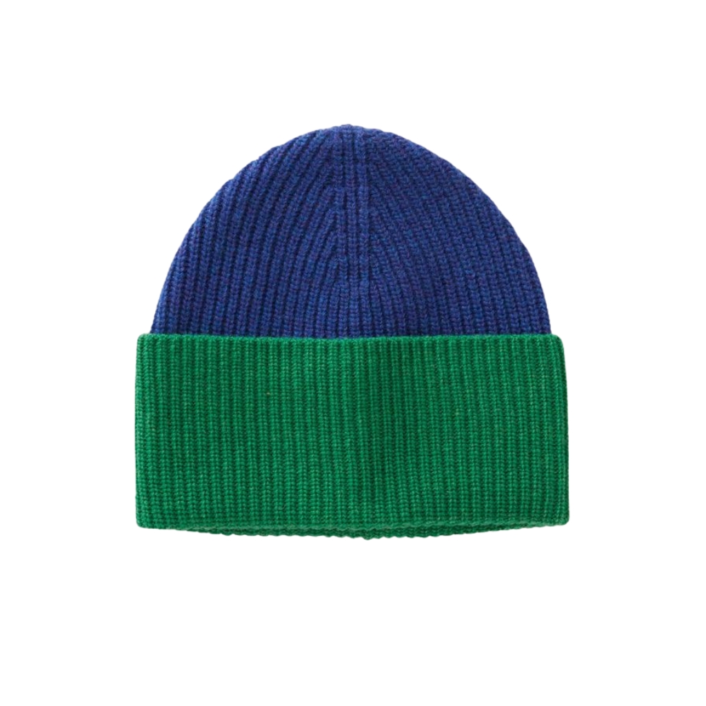  A color-blocked beanie with a royal blue crown and a bright green turned-up cuff.