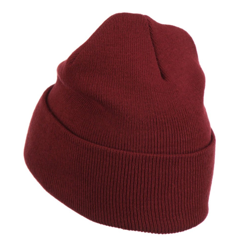 A maroon knit beanie with a folded cuff, shown against a white background.