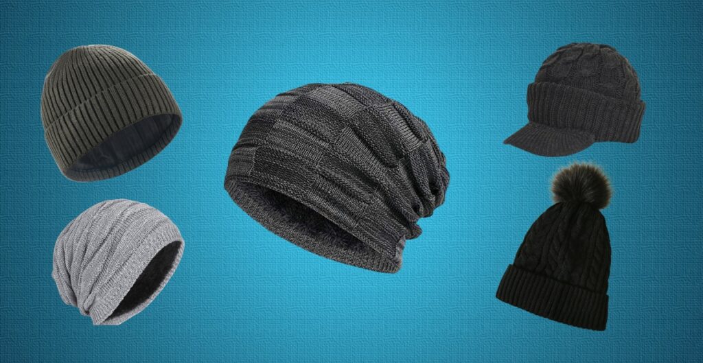 Different types of beanies showcasing cuffed, slouchy, pom-pom, fisherman, and skullcap styles in various colors.