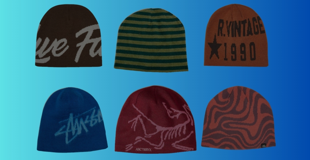 Six colorful beanies arranged in two rows against a blue gradient background, each with unique patterns and logos