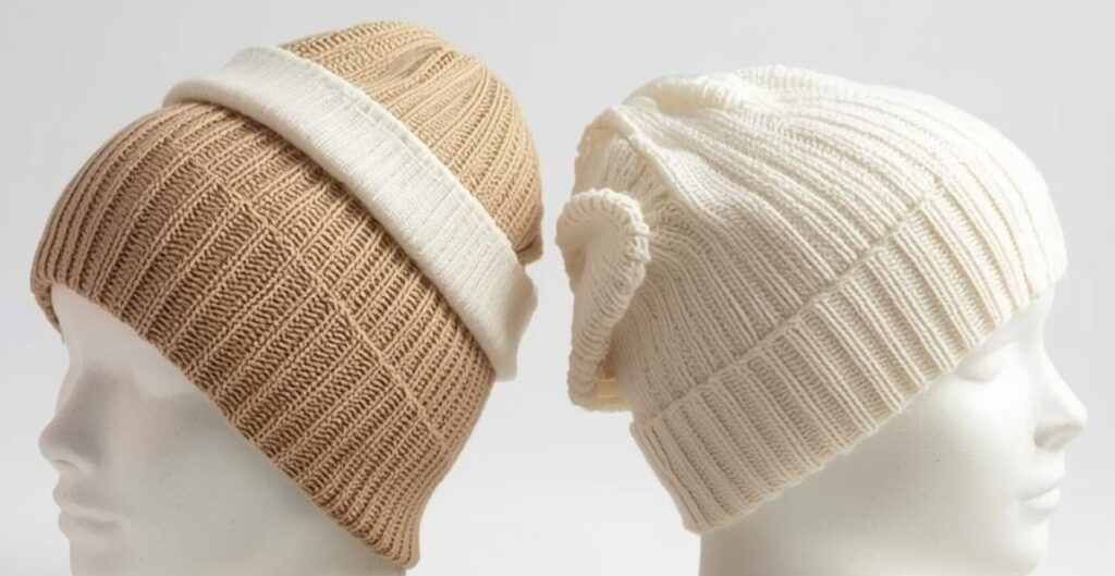 Two mannequin heads wearing knit lightweight beanies—one tan with a white band and the other white—set against a neutral background.
