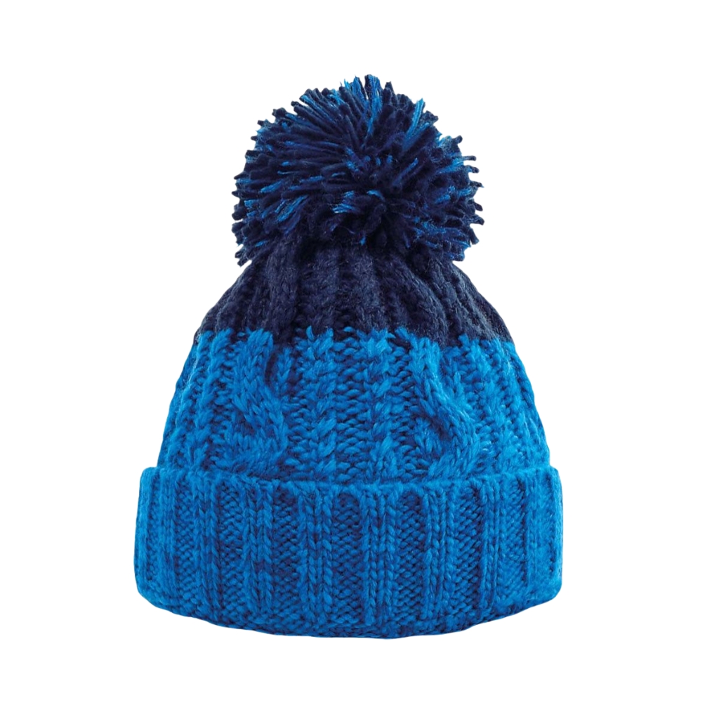 A blue pom-pom beanie with a two-tone knit pattern and a fluffy pom-pom on top, designed for winter warmth.