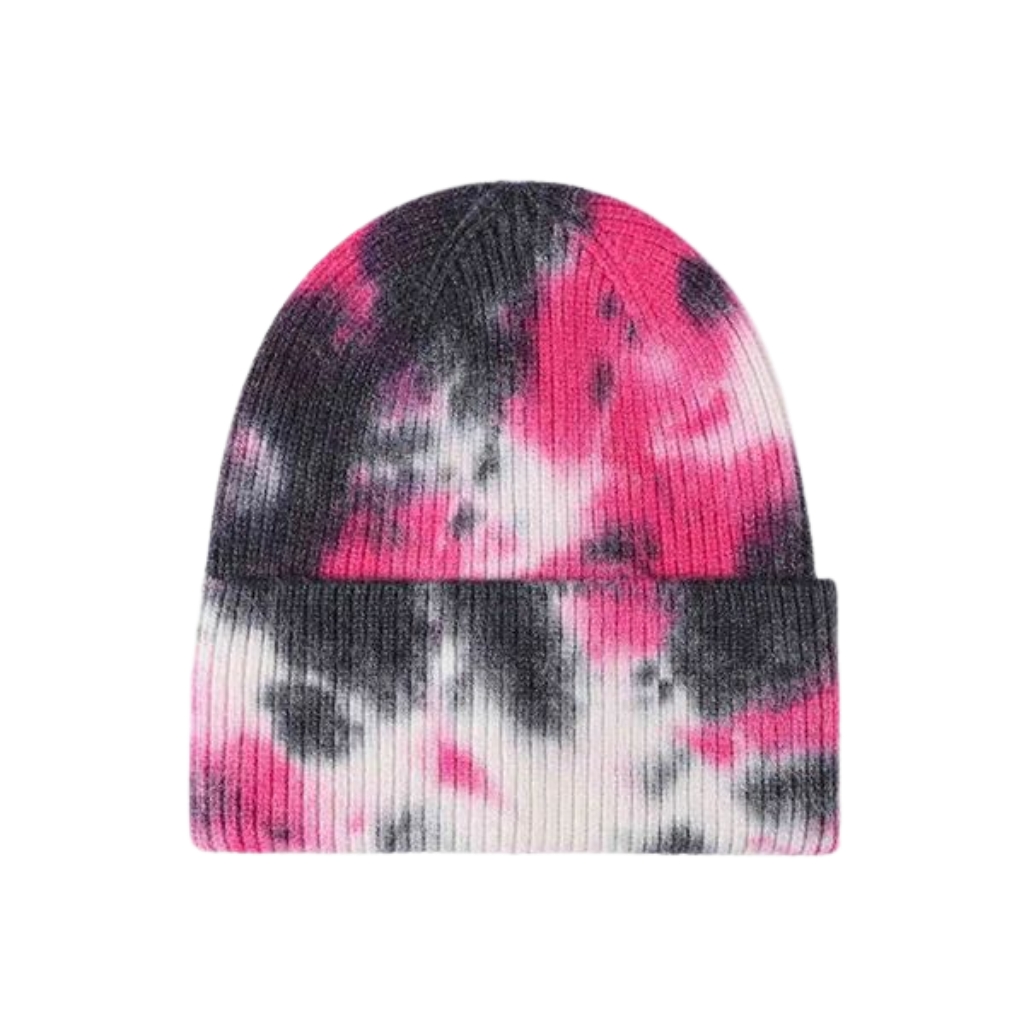 A knit beanie with a pink, black, and white tie-dye pattern, shown against a plain background