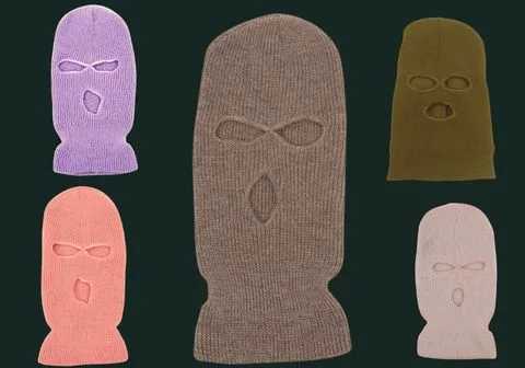 Five knitted balaclavas in different colors. We are a custom ski mask B2B supplier and manufacturer.