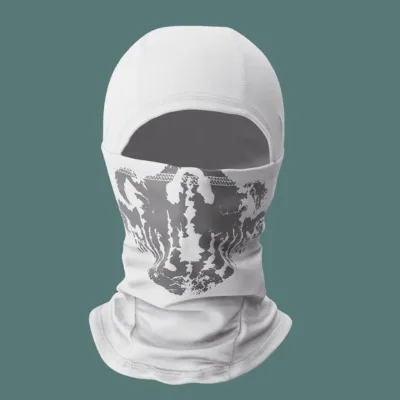 Front side of custom white balaclava.