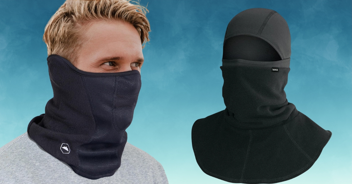 Two styles of balaclava neck gaiters displayed on a gradient background, featuring a model wearing a dark neck gaiter on the left and a full-coverage balaclava on the right