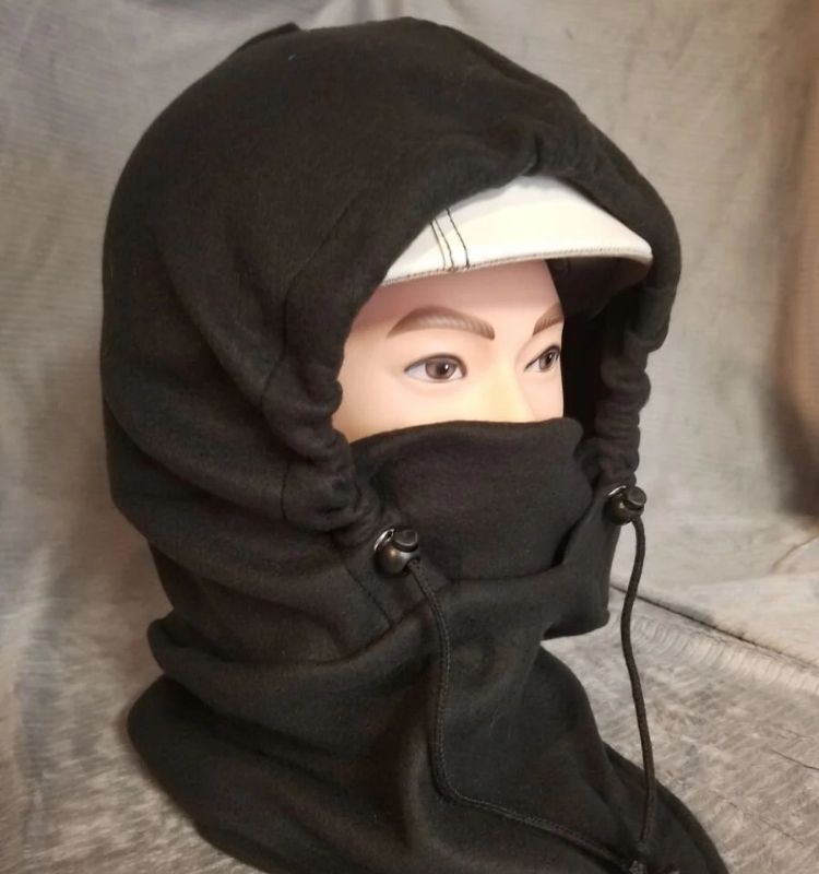 Extra large black balaclava with drawstrings, displayed on a mannequin head.