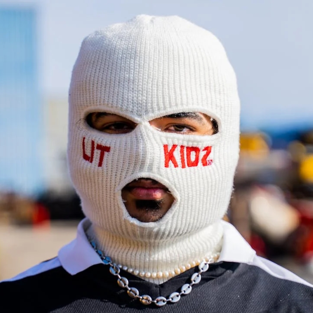 Close-up of a modern street mask in black, blending urban fashion with functionality.