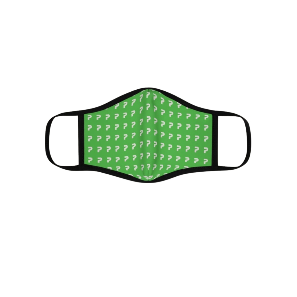 A green digital face mask with black straps, featuring a repeating white question mark pattern on a light green background