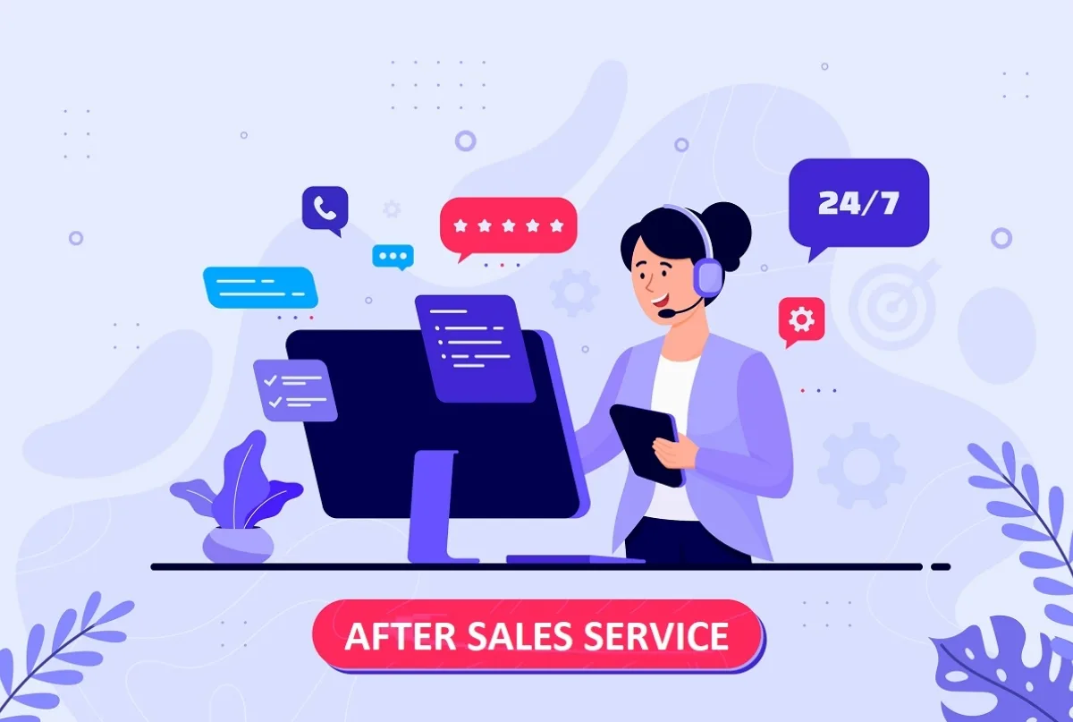 A customer support representative wearing a headset, working on a computer with chat bubbles and icons representing communication, in a colorful, illustrative style.
