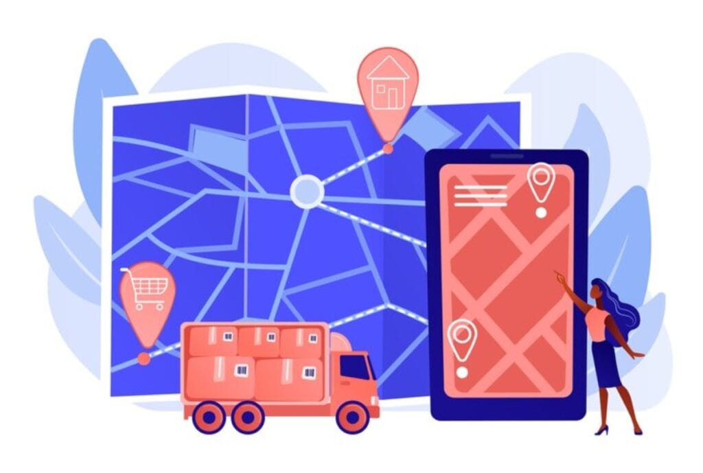 A digital illustration showing a map with location markers, a delivery truck, and a large smartphone displaying a map with routes, representing customized tracking and alerts.