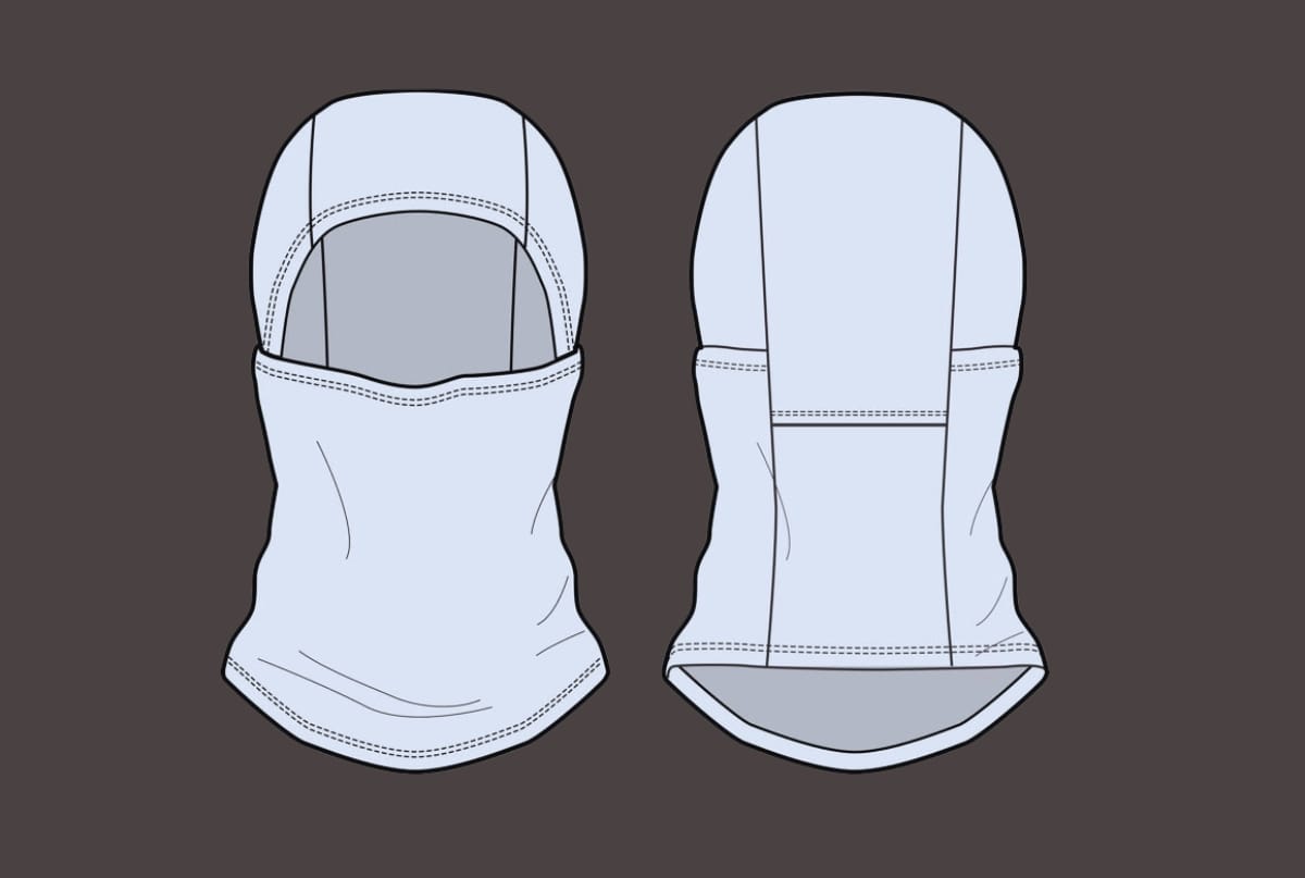 Technical drawings of a face mask from front and back views, illustrating detailed design and construction features.