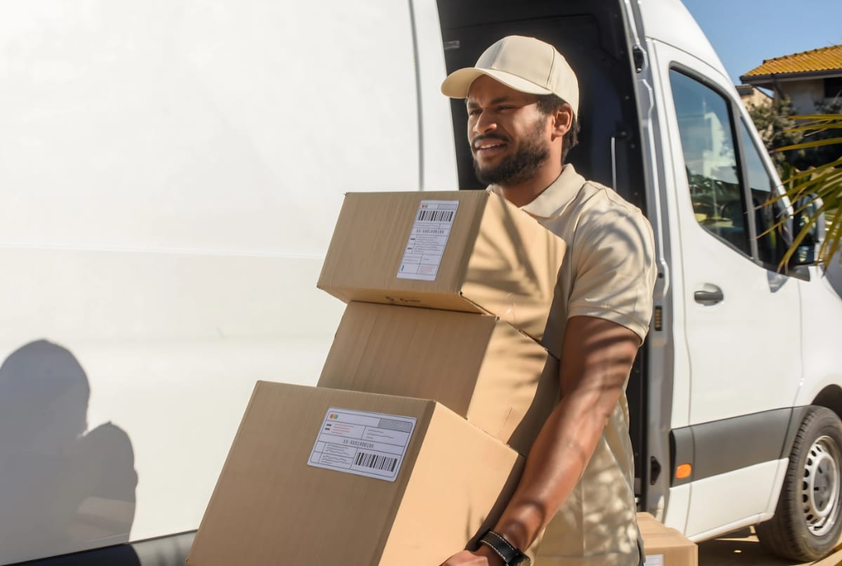 A delivery person carrying three cardboard boxes near a delivery van, with a shadow cast on a plain wall behind him.