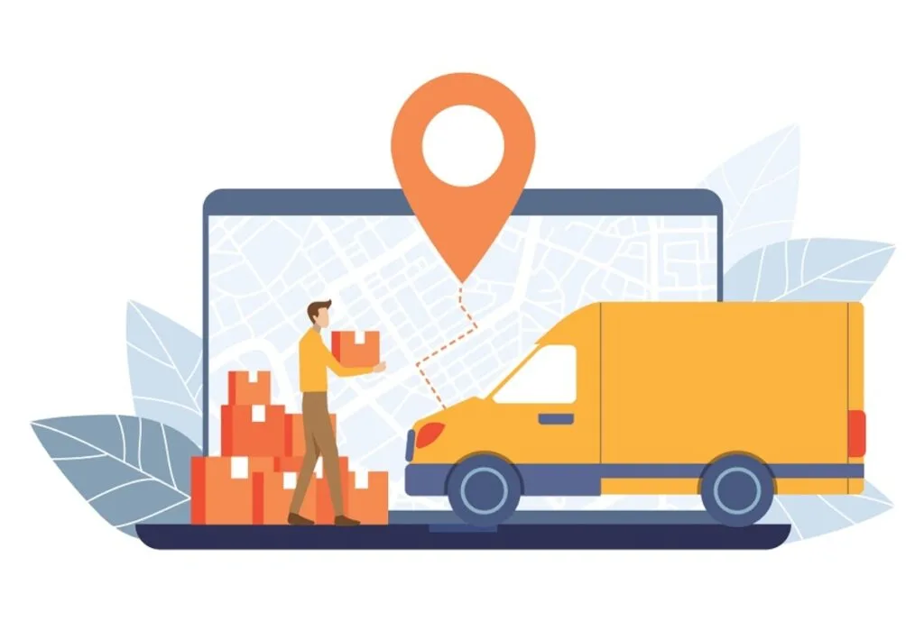 A digital illustration showing a warehouse worker loading boxes into a delivery van in front of a large tablet with a map and location pin, representing efficient logistics.