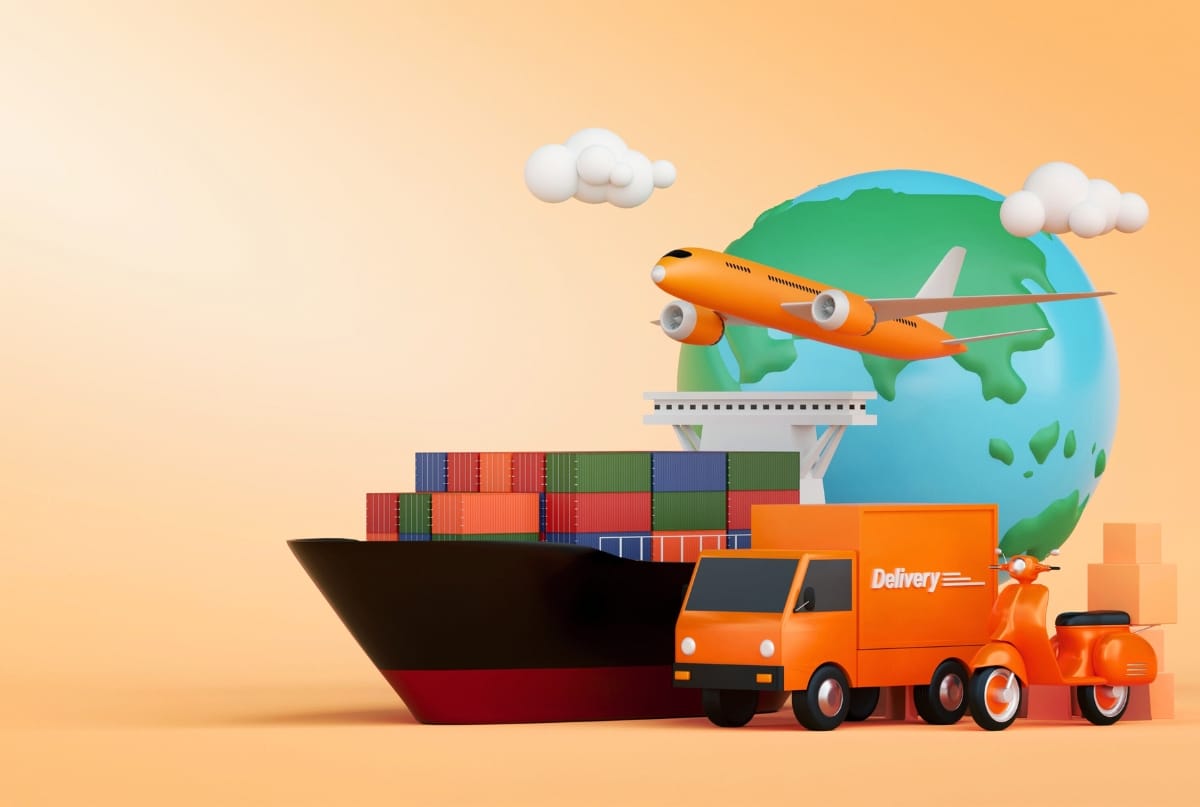 A colorful, animated-style scene featuring a cargo ship filled with stacked shipping containers, a globe in the background, an airplane flying overhead, a delivery truck, a scooter, and boxes and a bird, all set against a warm, gradient background.