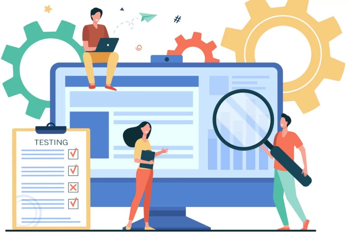 An illustrated scene of three people working with a large computer monitor, magnifying glass, and testing checklist, surrounded by gears and playful icons.
